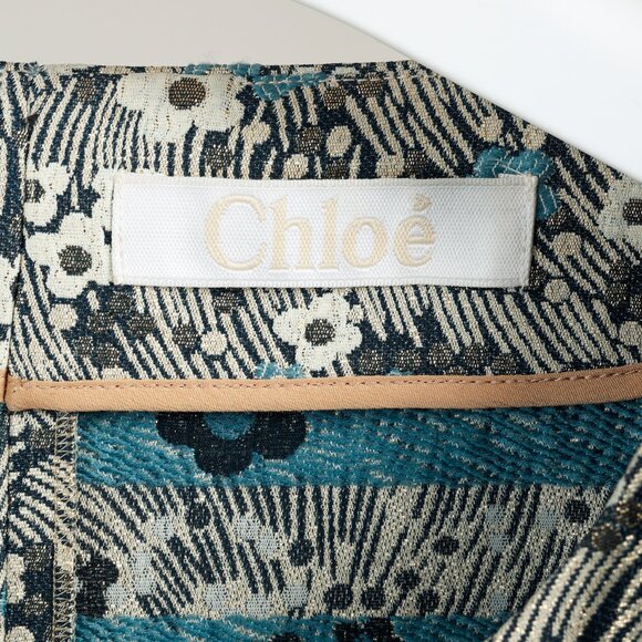 Chloe Blue and Gold Floral Brocade Boxy Cropped Jacket - Picture 7 of 7
